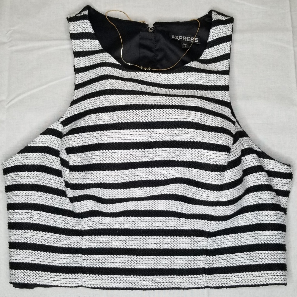 Black White Striped Crochet Zip Up Crop Top Tank